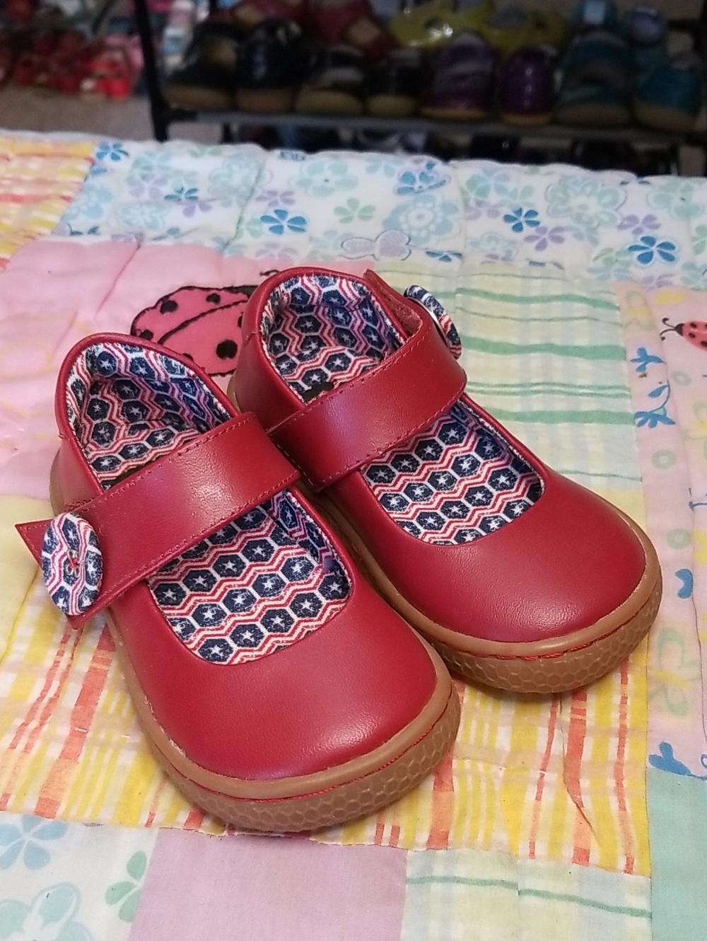 Livie & Luca Red Mary Jane Shoes with Patterned Lining & Buttons Size 5